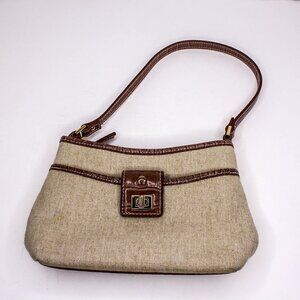 Etienne Aigner Purse Linen Blend Faux Leather Trim Tan Brown